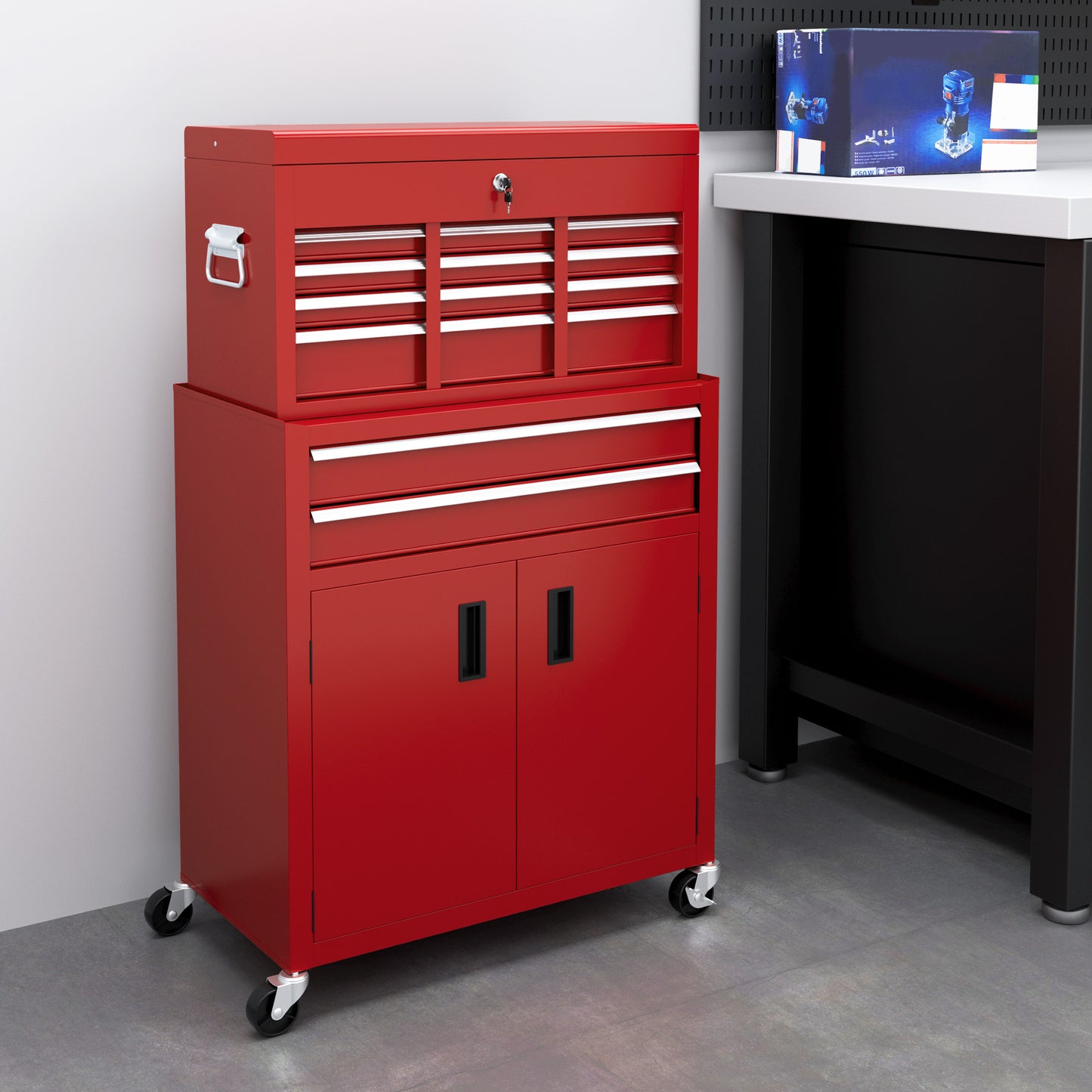 HOMCOM Rolling Metal Tool Chest with 6 Drawers and Lockable Cabinet for Garage and Workshop, Red - ALL4U RETAILER LTD