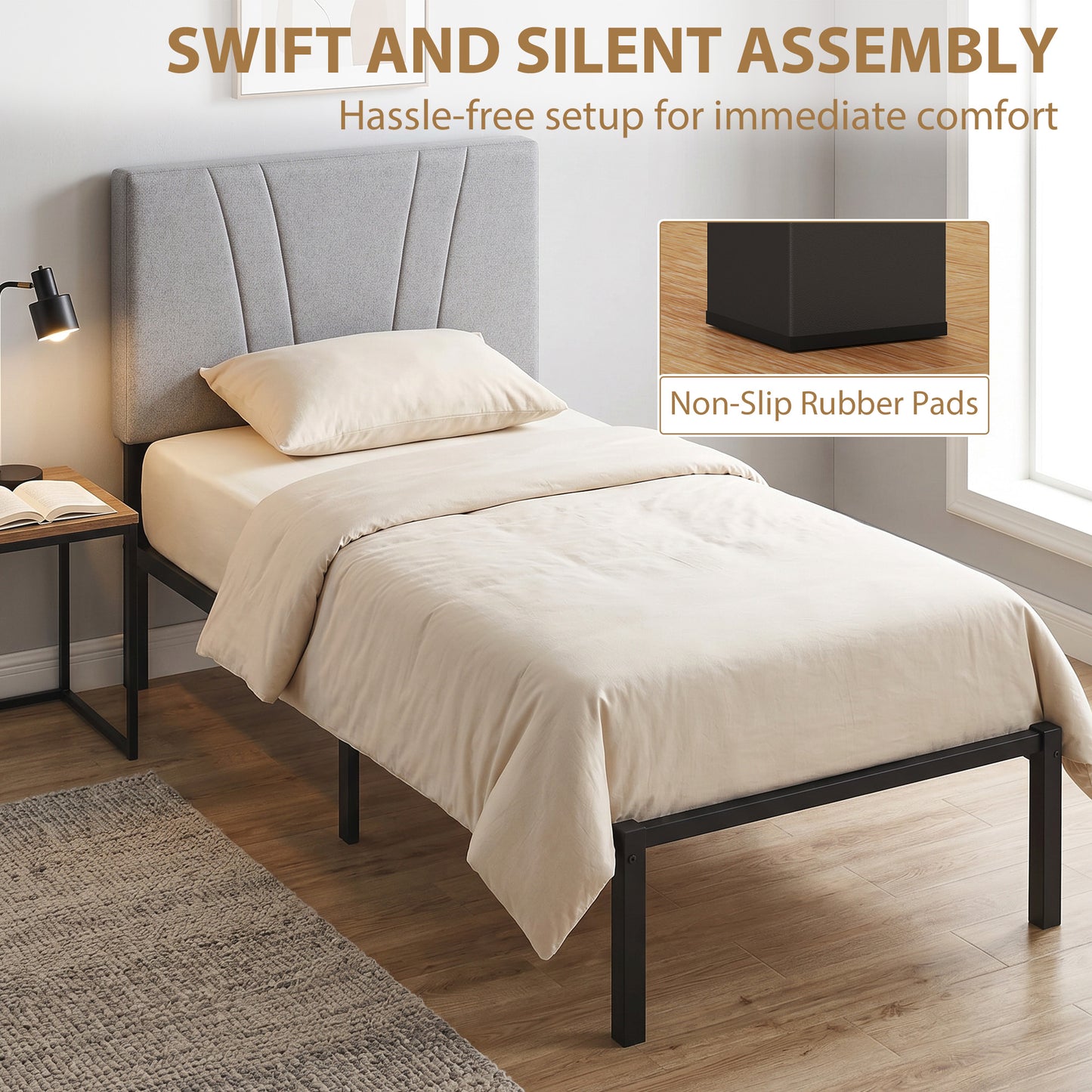 HOMCOM 3FT Single Bed Frame With Upholstered Headboard And Underbed Storage In Black And Light Grey