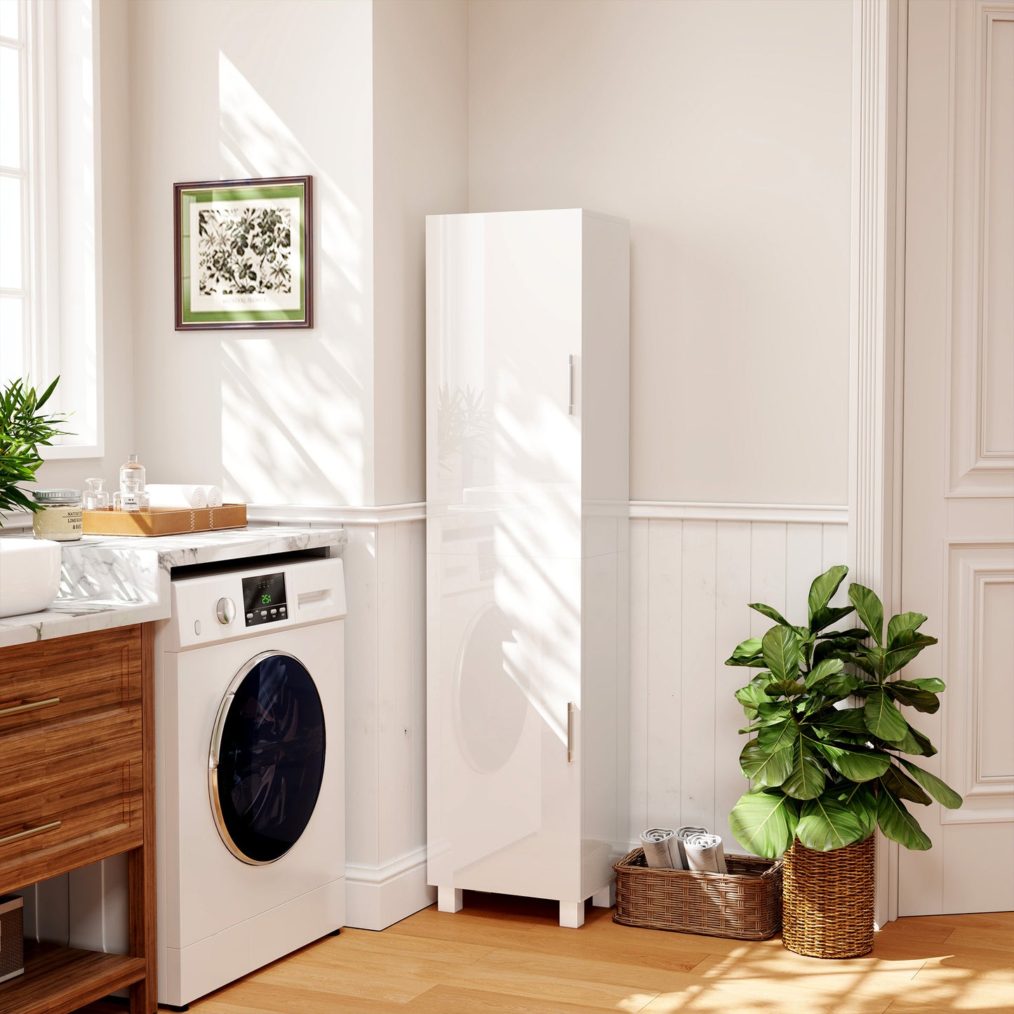 HOMCOM Tall Freestanding White High Gloss Bathroom Cabinet With Adjustable Shelves And Double Doors