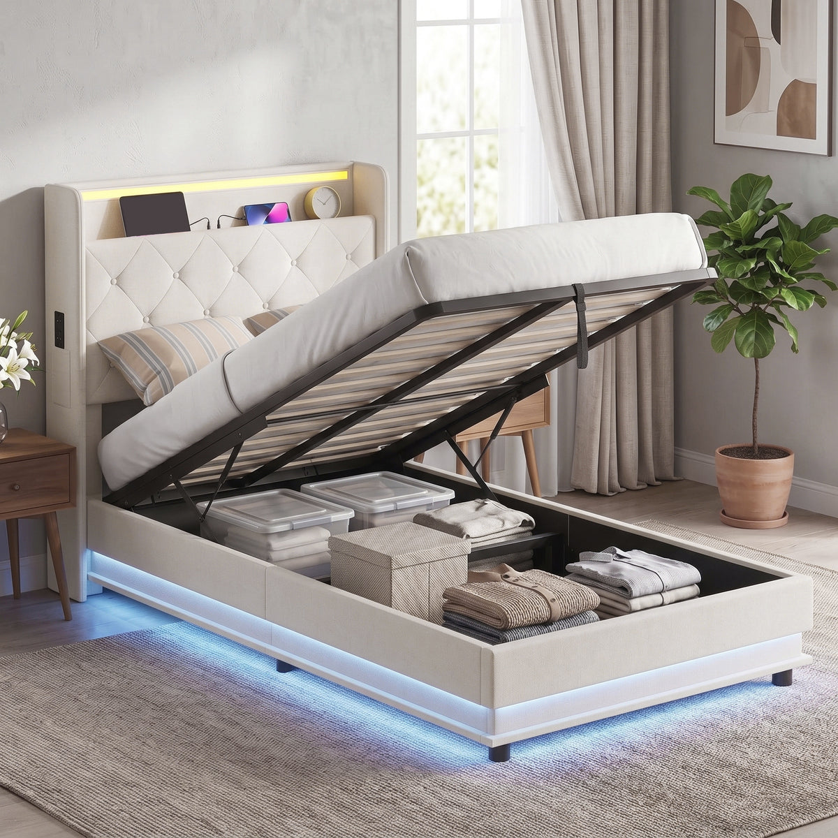 Homcom 3ft Single Bed Frame With Hydraulic Storage LED Lights