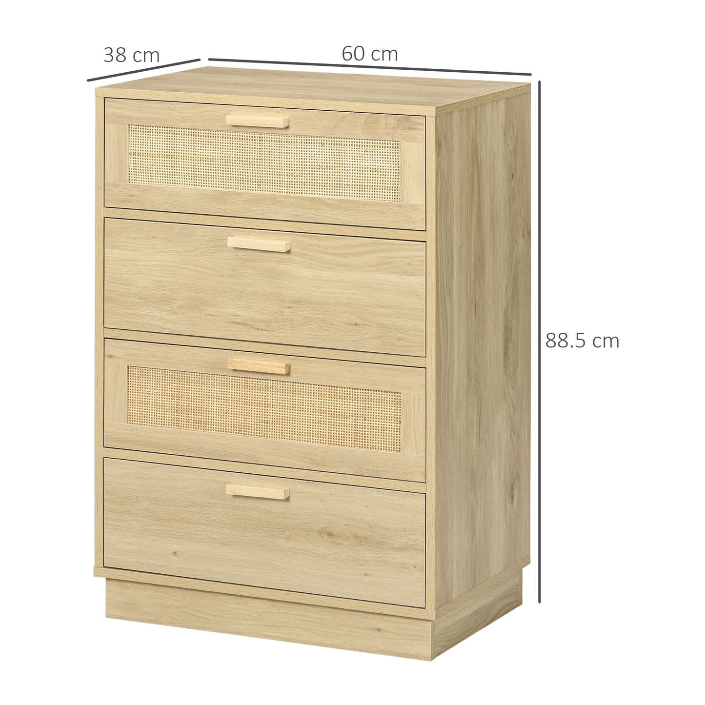 HOMCOM Chest Of Four Drawers With Rattan Weave Panel Accents On Two Drawers In Wood Effect Finish