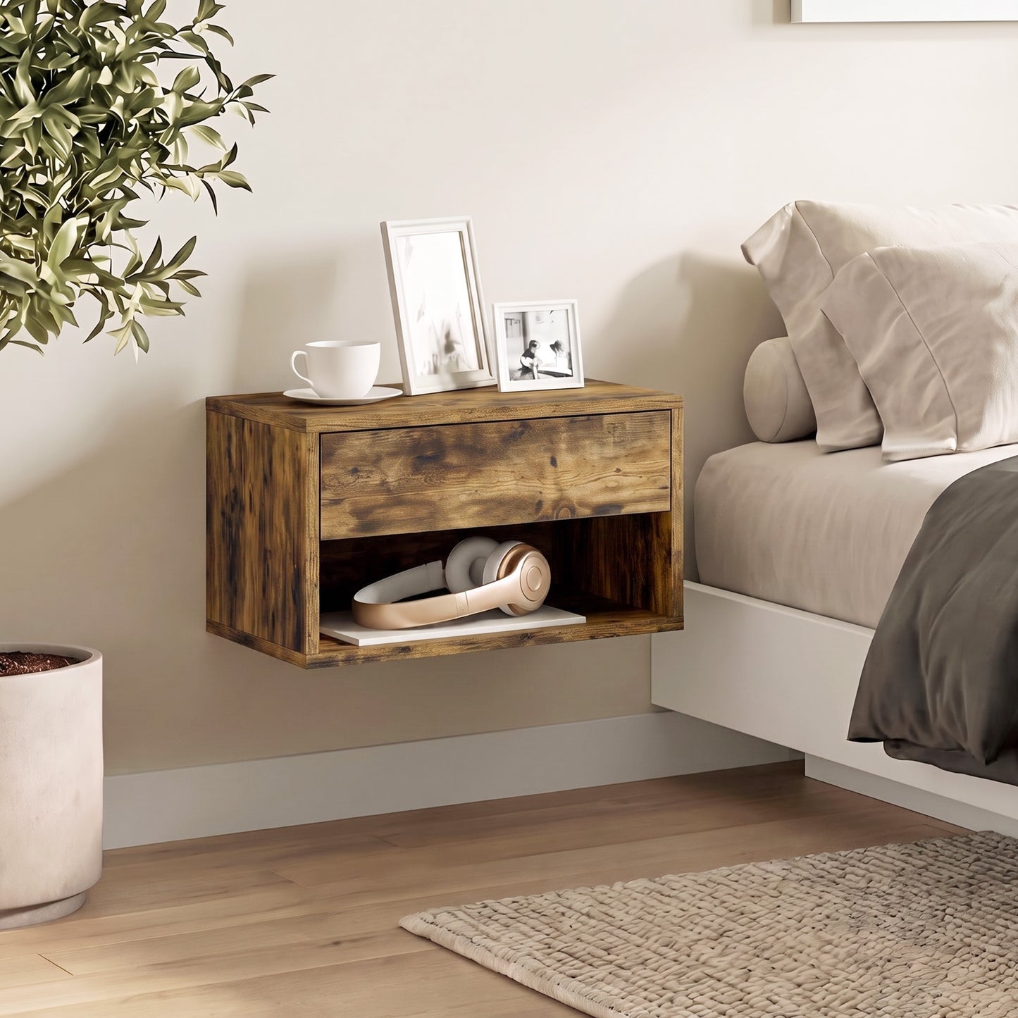 HOMCOM Set Of Two Rustic Brown Floating Bedside Tables With Drawer