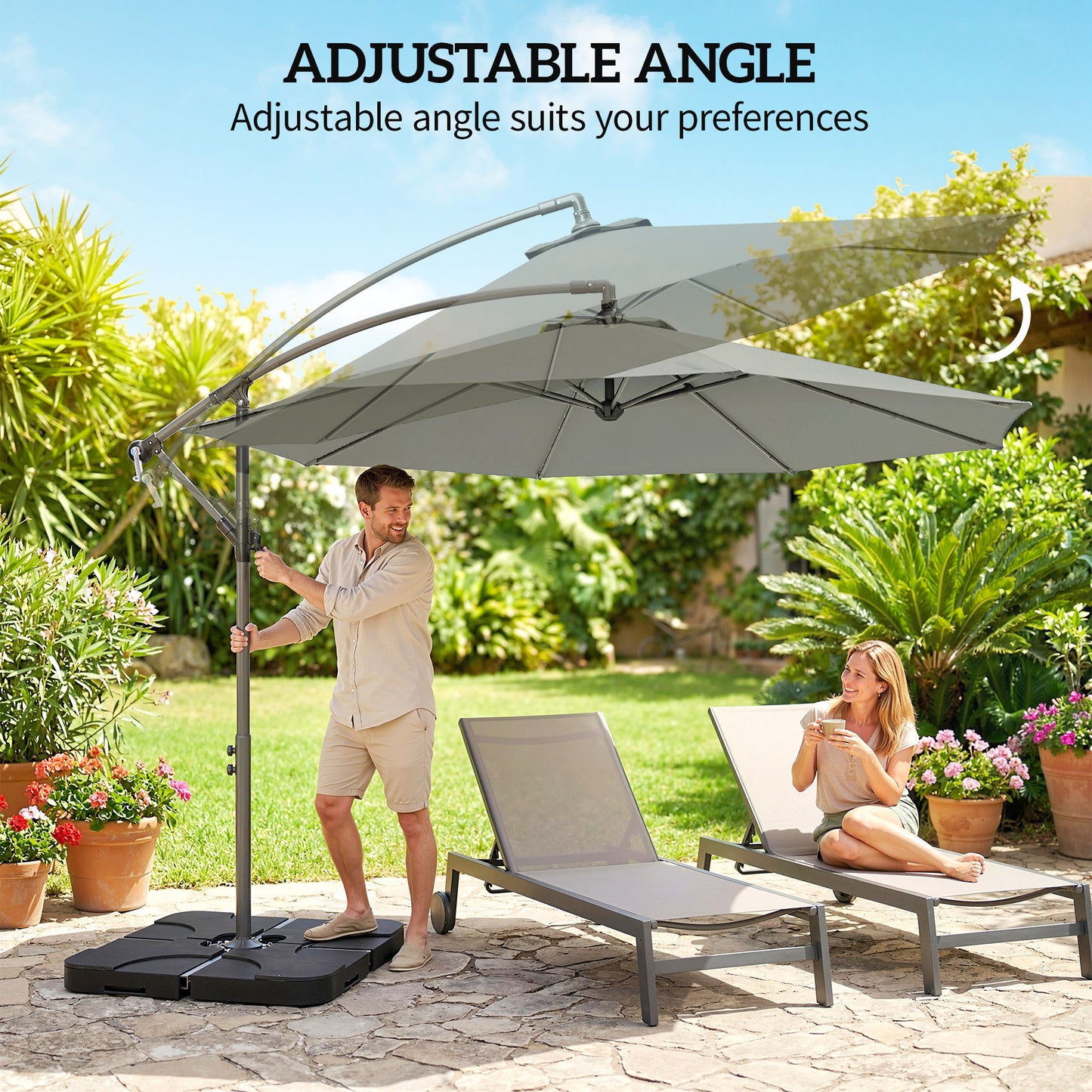 Outsunny 3m Overhanging Cantilever Parasol With Base Weights And Cover In Light Grey
