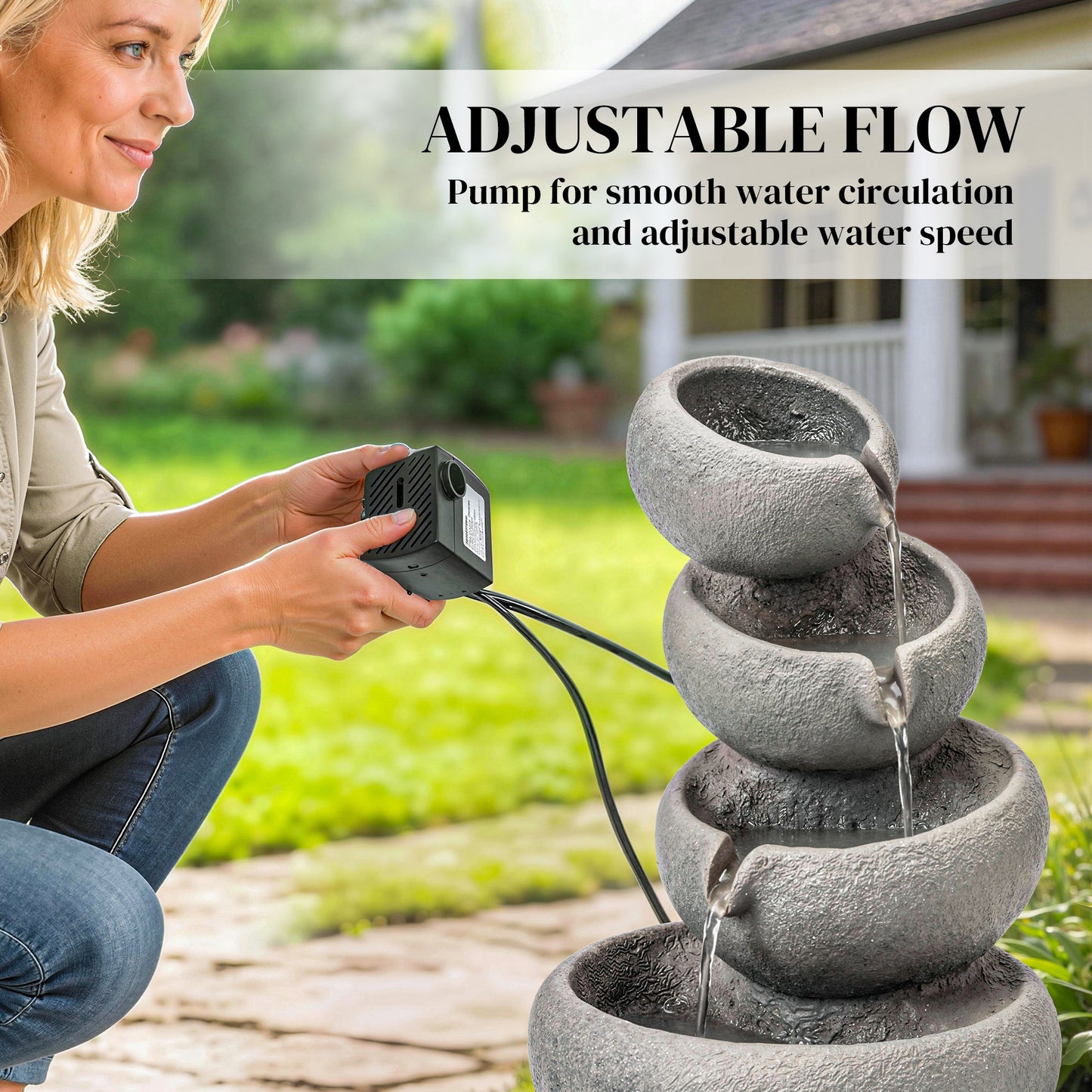Outsunny 4 Tier Outdoor Water Fountain with LED Lights and Pump Freestanding Resin Waterfall for Patio