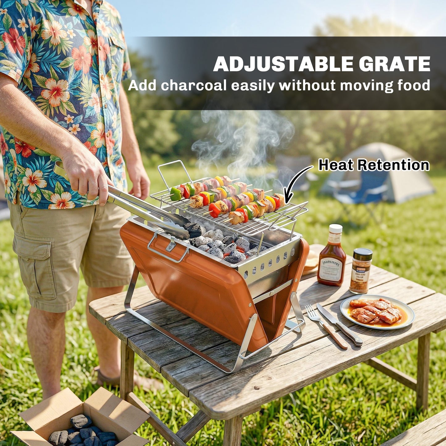 Outsunny Portable Charcoal BBQ Grill Stainless Steel Tilting Grate For Camping Picnic Garden Orange