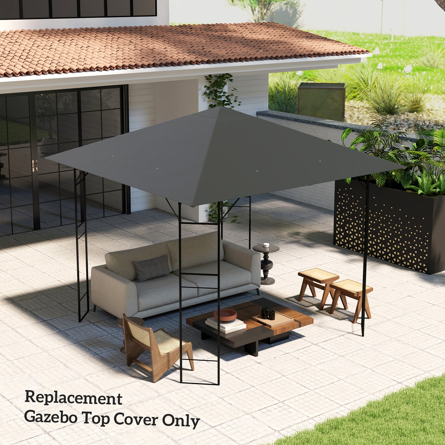 Outsunny 3 x 3m Gazebo Canopy Replacement Top Cover Only Grey With Drain Holes Water Resistant PVC Coating UPF30 Plus