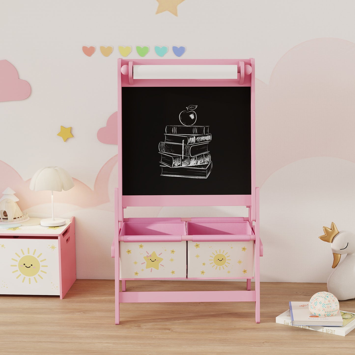 AIYAPLAY Art Easel For Kids Double Sided Whiteboard And Blackboard With Paper Roll For Ages 3 To 8 Years Pink