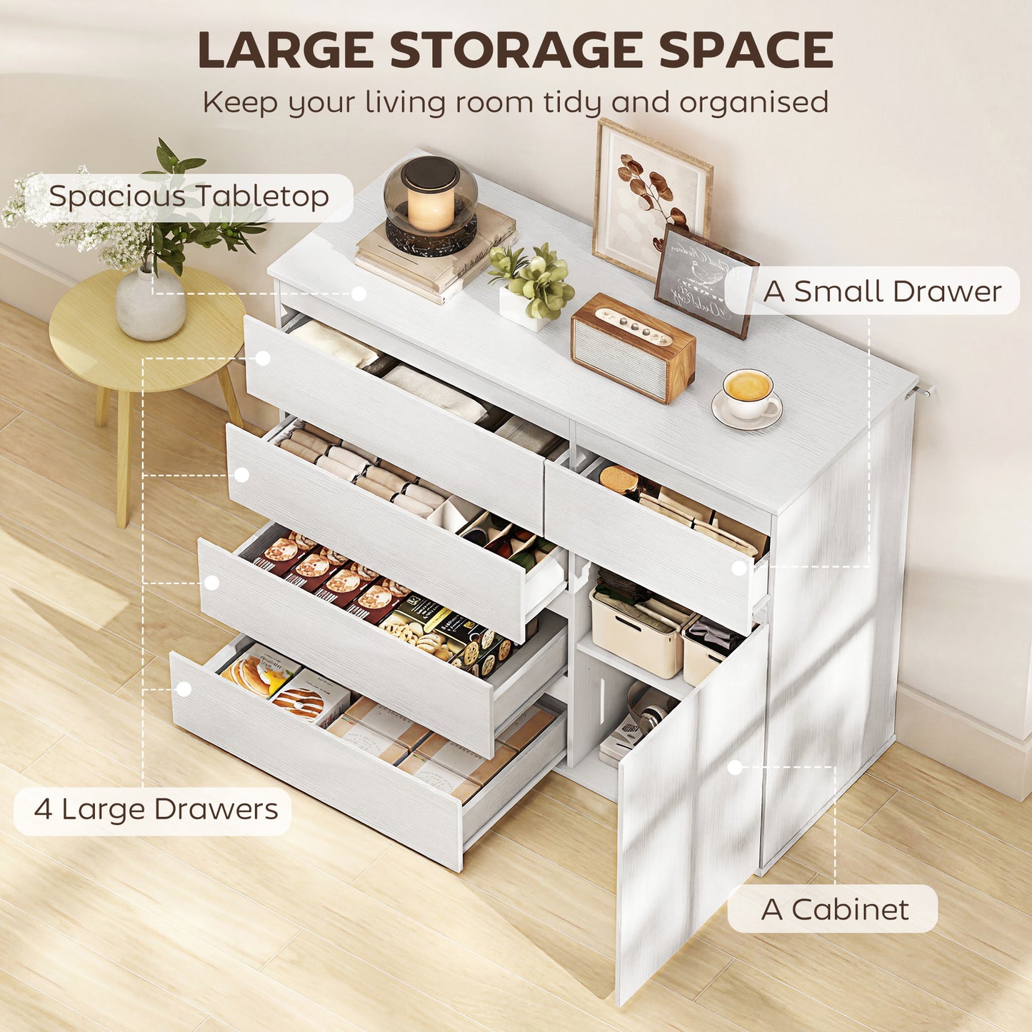HOMCOM Modern Sideboard Storage Cabinet With Five Drawers Soft Close Doors And Adjustable Shelf White