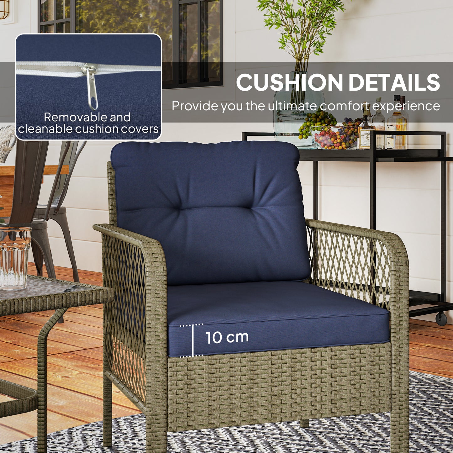 Outsunny 3 Piece Rattan Bistro Set With Glass Top Coffee Table Cushioned Chairs For Outdoor Patio Balcony Charcoal Grey
