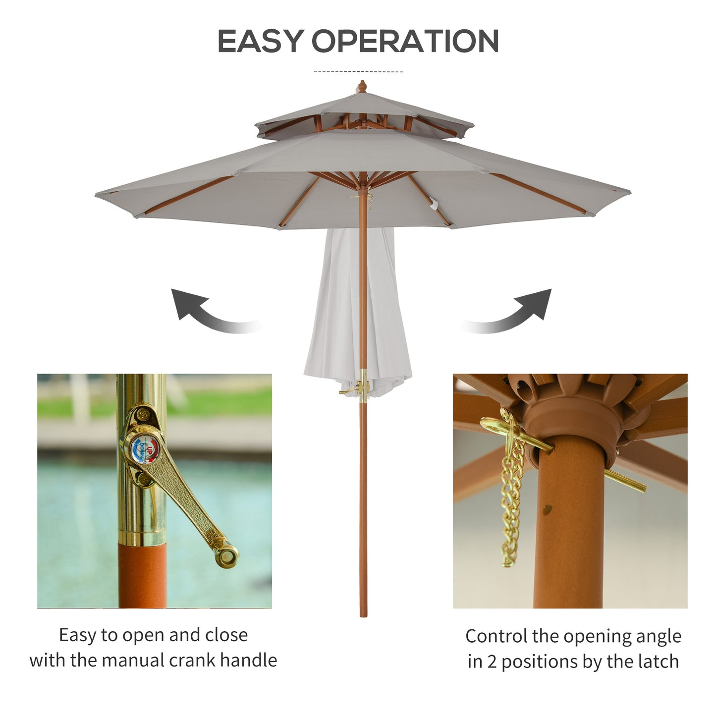 Outsunny 2.7m Elegant Wooden Frame Parasol Umbrella For Garden Table With Poplar Wood And Bamboo Ribs Grey