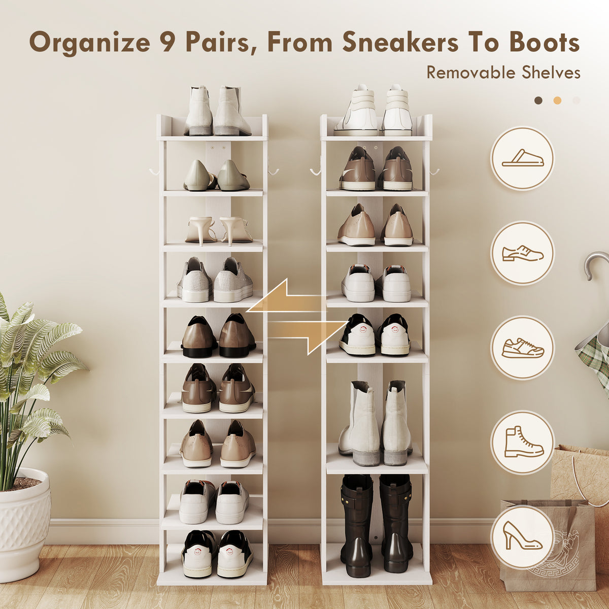 HOMCOM 9 Tier Shoe Rack with Top Tray Guardrail and 2 Hooks White