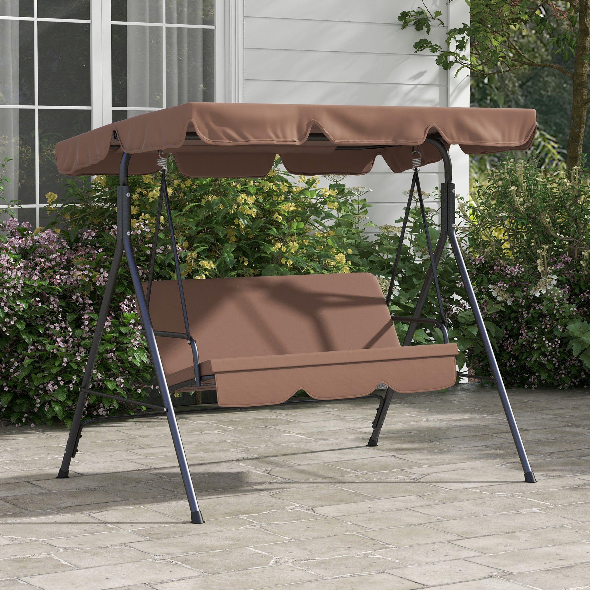 Outsunny 3-Seat Garden Swing Chair with Adjustable Canopy for Patio, Brown - Improve SEO - ALL4U RETAILER LTD