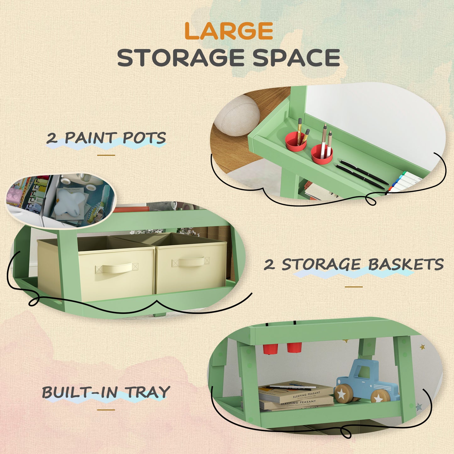 AIYAPLAY 3 In 1 Kids Easel Double Sided Magnetic Whiteboard And Chalkboard With Paper Roll Storage Baskets Green