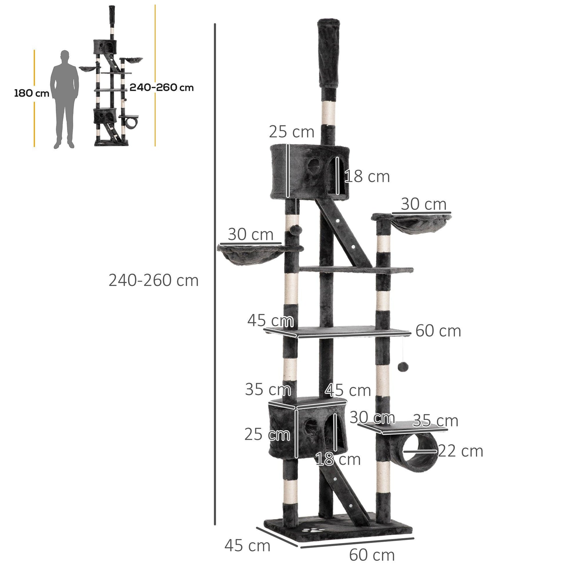 PawHut Floor to Ceiling Cat Tree for Indoor Cats 240-260cm Adjustable Height Dark Grey - ALL4U RETAILER LTD