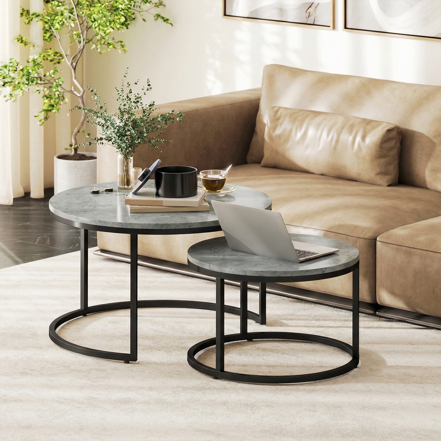 HOMCOM Cement Effect Stacking Tables Two Piece Set In Grey For Space Saving Overlapping Design