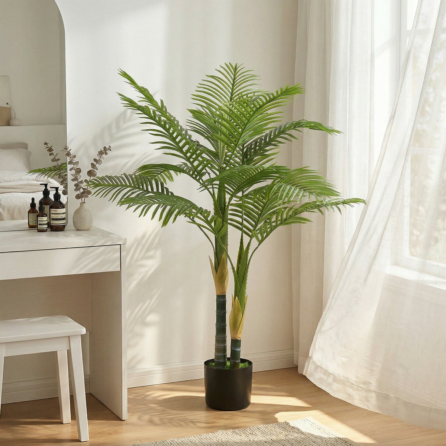 HOMCOM 120cm Artificial Palm Tree With 14 PEVA Leaves In Pot Decorative Plant With Moss Effect Green