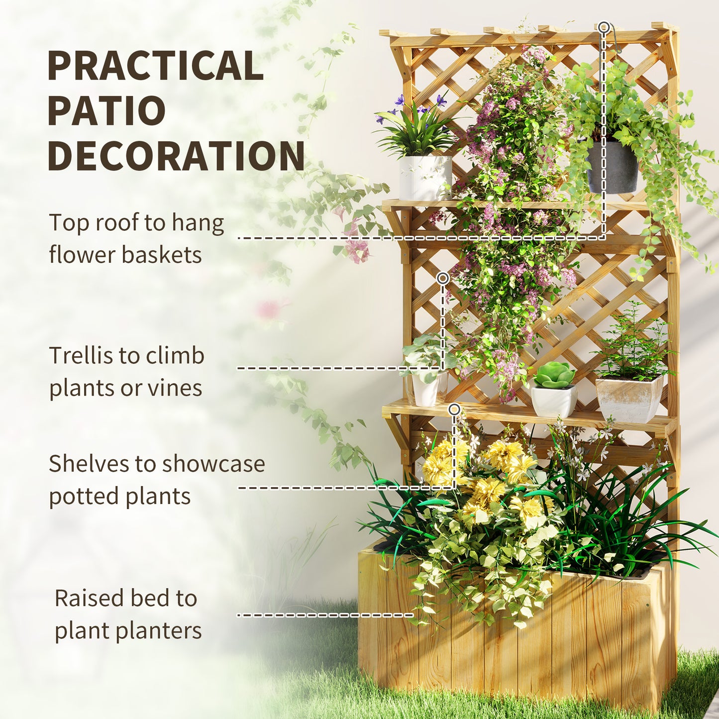 Outsunny 52L Wooden Planter With Trellis And Shelves For Outdoor Gardens Natural Finish