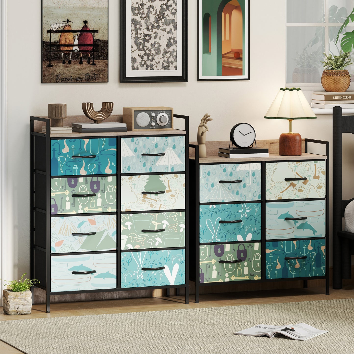 HOMCOM 8 Drawer Fabric Chest Of Drawers In Blue With Removable Foldable Drawers And Patterned Panels