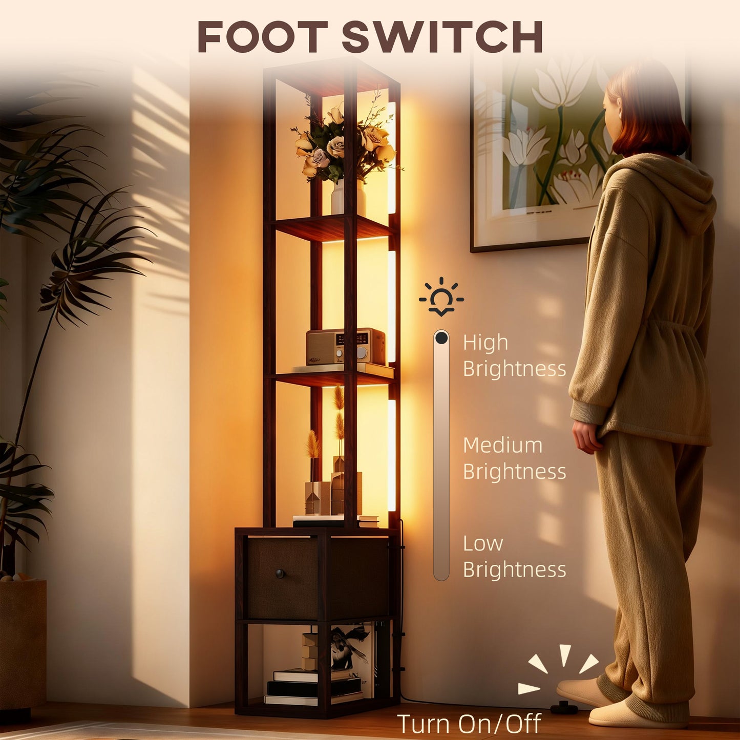 HOMCOM Floor Lamp With Shelves And Fabric Drawer LED Column Standing Lamp Adjustable Brightness Foot Switch Dark Brown
