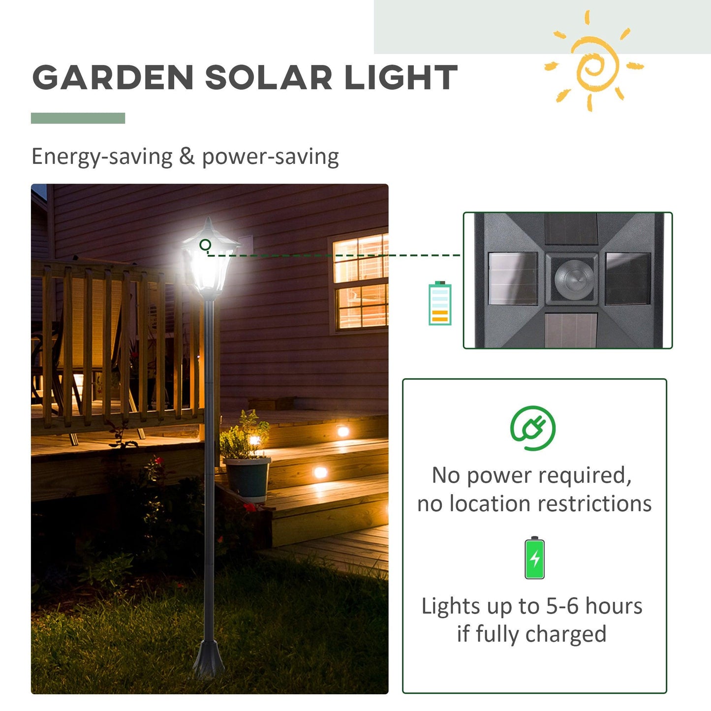 Outsunny Set of 2 Outdoor Garden Solar Post Lamp Sensor Dimmable LED Lantern Bollard IP44 Energy-saving 1.2M Tall, Black - ALL4U RETAILER LTD