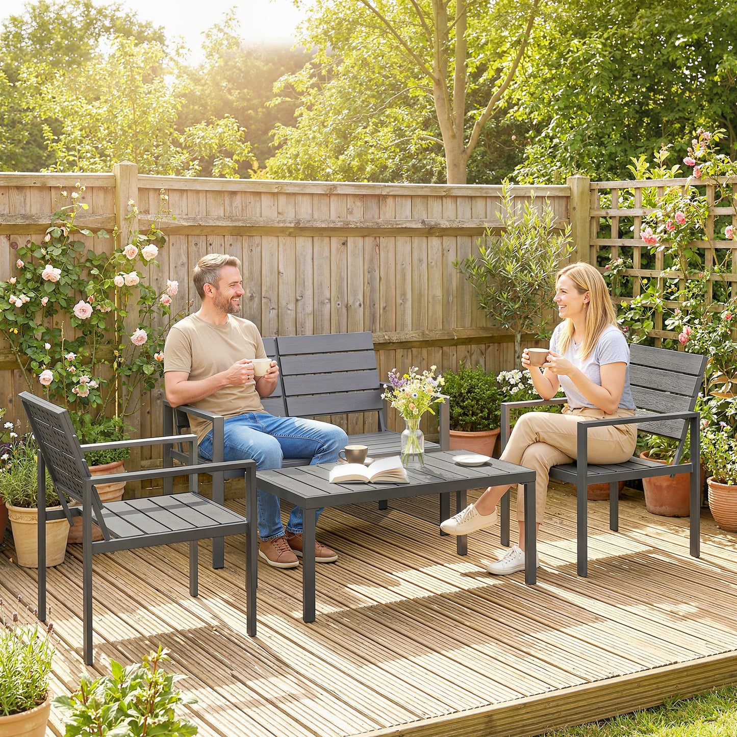 Outsunny 4 Piece Outdoor Garden Furniture Set HDPE Slatted Loveseat Armchairs Coffee Table Metal Frame Dark Grey