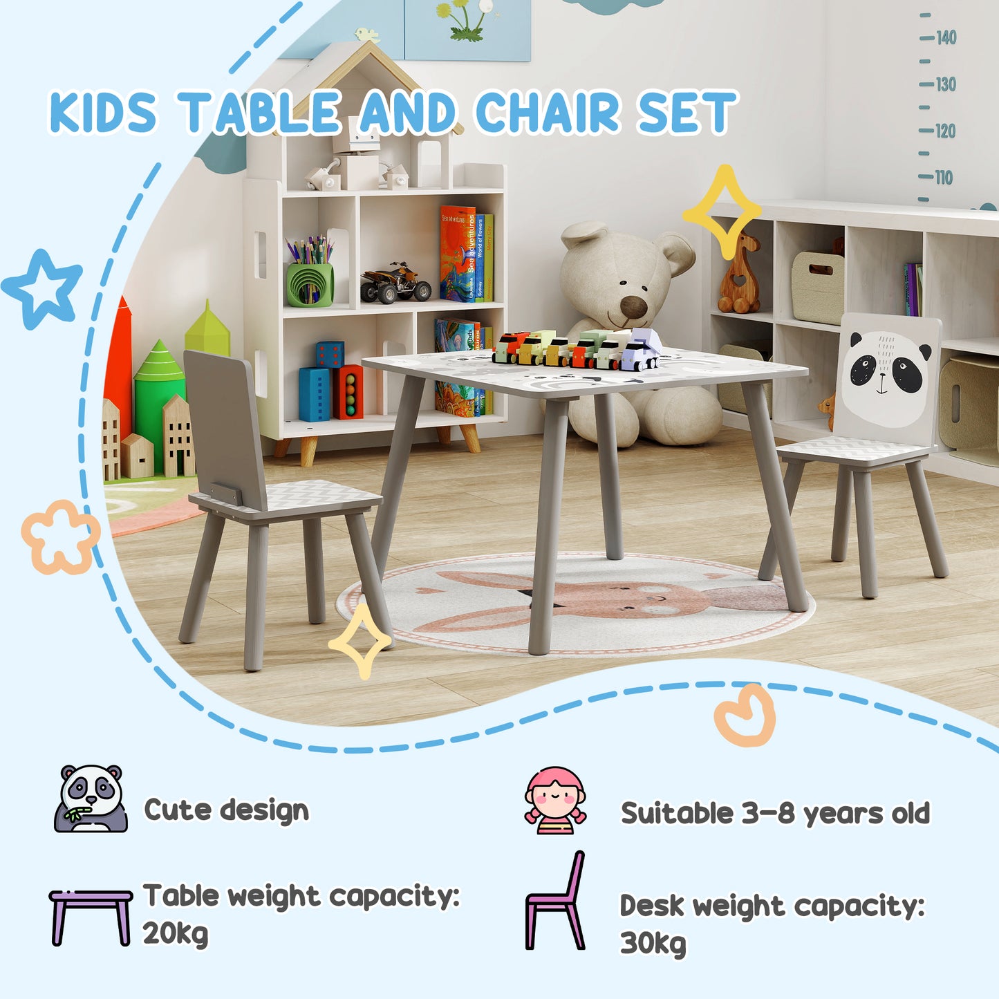 Zonekiz Kids Table And Chair Set For Ages 3 To 8 Grey Toddler Table With 2 Chairs