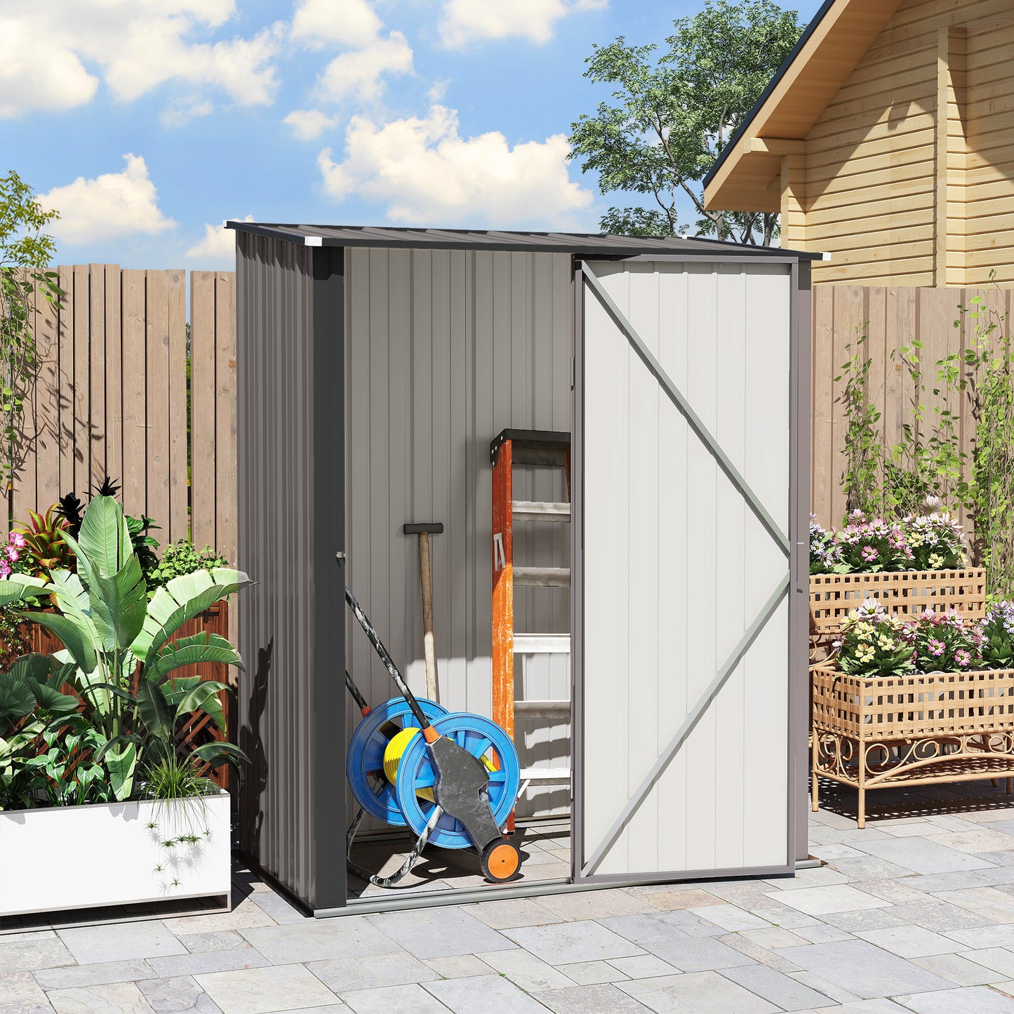 Outsunny 5.3 x 3.1ft Corrugated Galvanised Steel Garden Shed Light Grey Open Inside For Easy Storage And Shelving