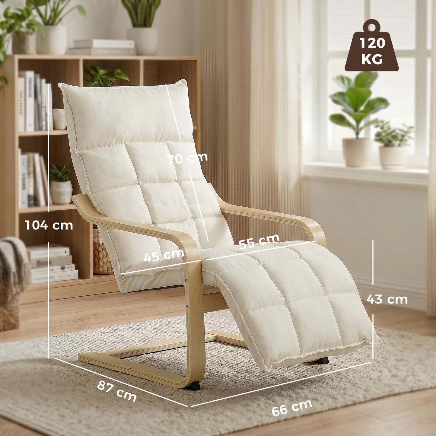 HOMCOM Modern Accent Chair With Built In Footrest Plush Cushion Linen Look Fabric Curved Legs And Arms Cream White