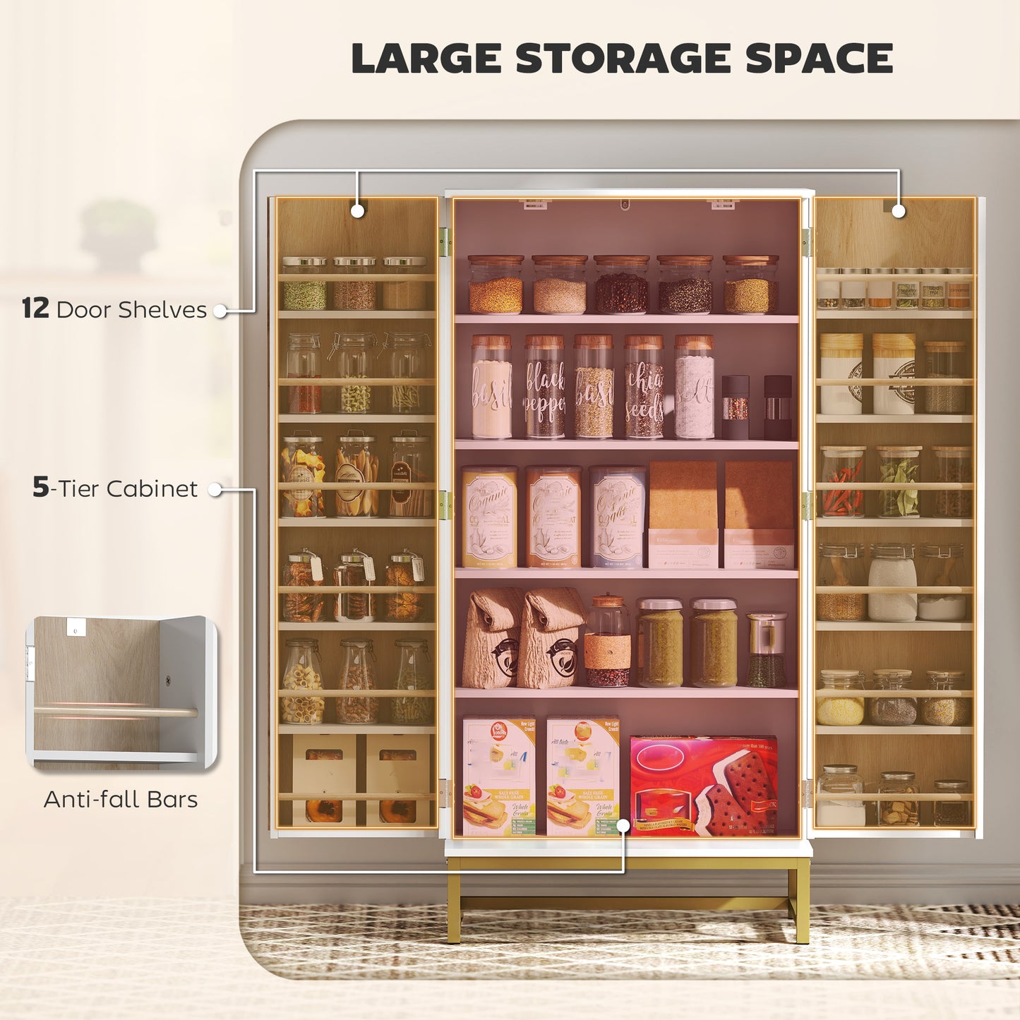 HOMCOM 119.5 cm Freestanding Kitchen Cabinet With Double Doors, 5 Tiers, 12 Spice Racks, White