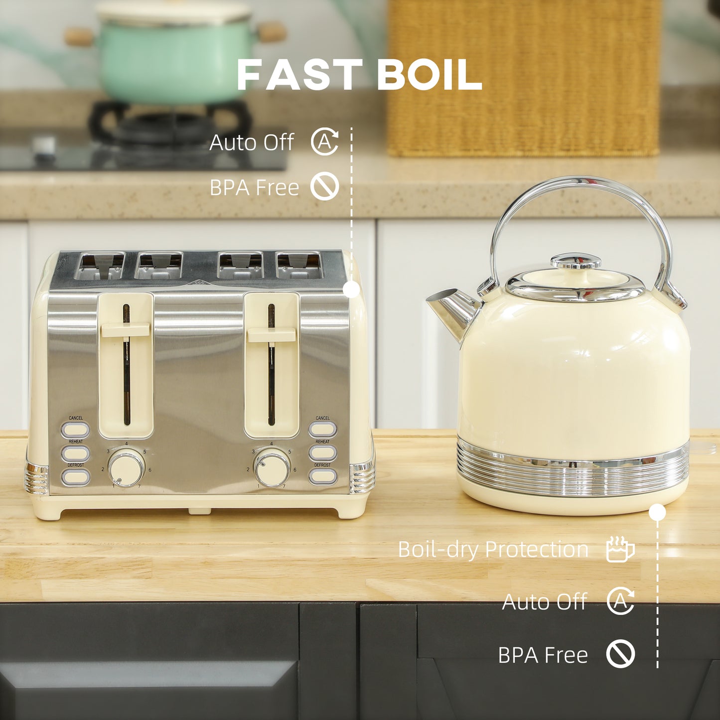 HOMCOM Cream Polished Stainless Steel Kettle and Toaster Set With Fast Boil 3000 Watt Kettle and Four Slice Toaster