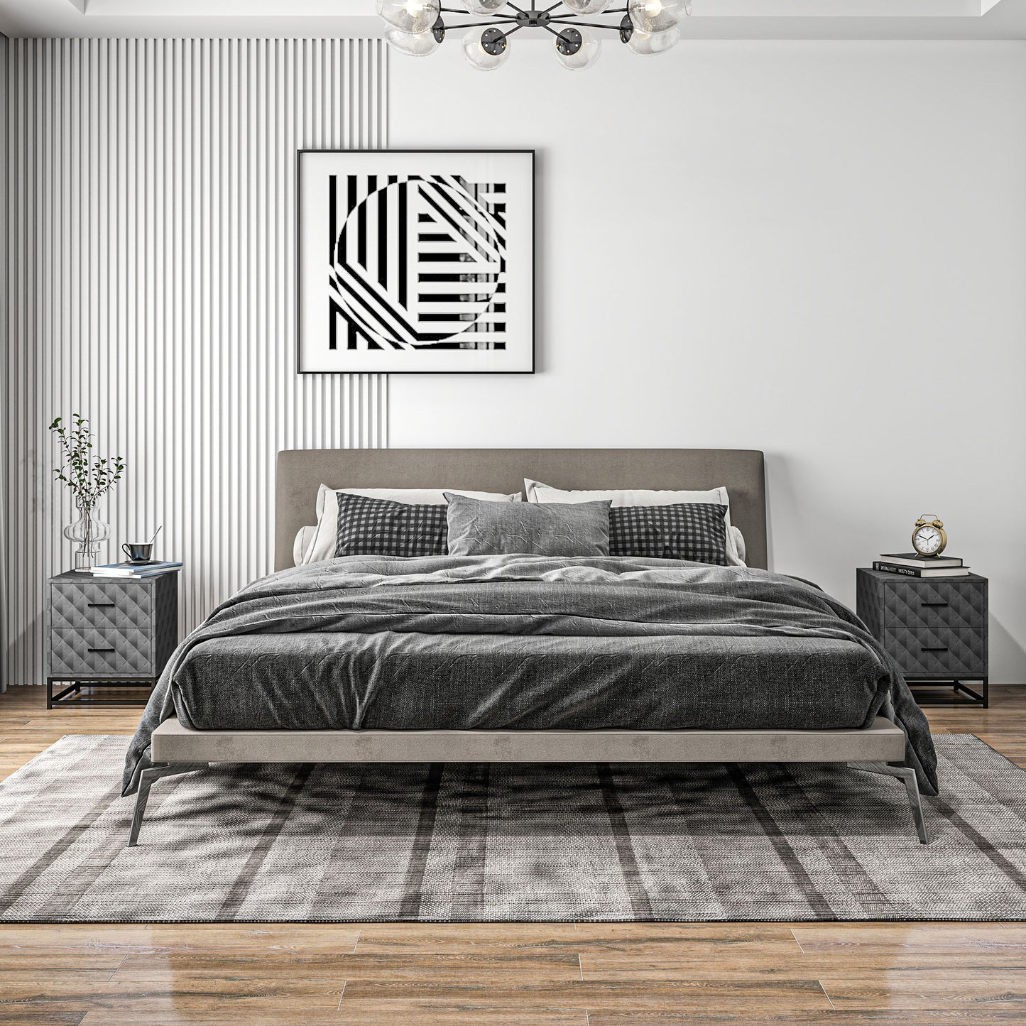 HOMCOM Bedside Tables Set Of 2 With 2 Drawers Modern Nightstands Grey Steel Legs Diamond Pattern Veneer End Tables