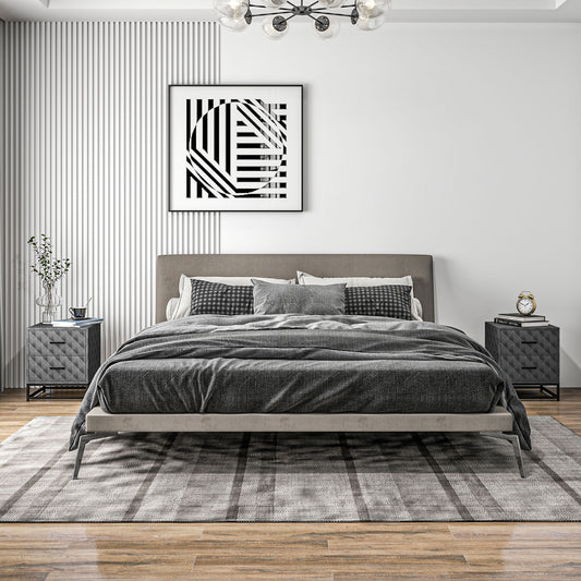 HOMCOM Bedside Tables Set Of 2 With 2 Drawers Modern Nightstands Grey Steel Legs Diamond Pattern Veneer End Tables