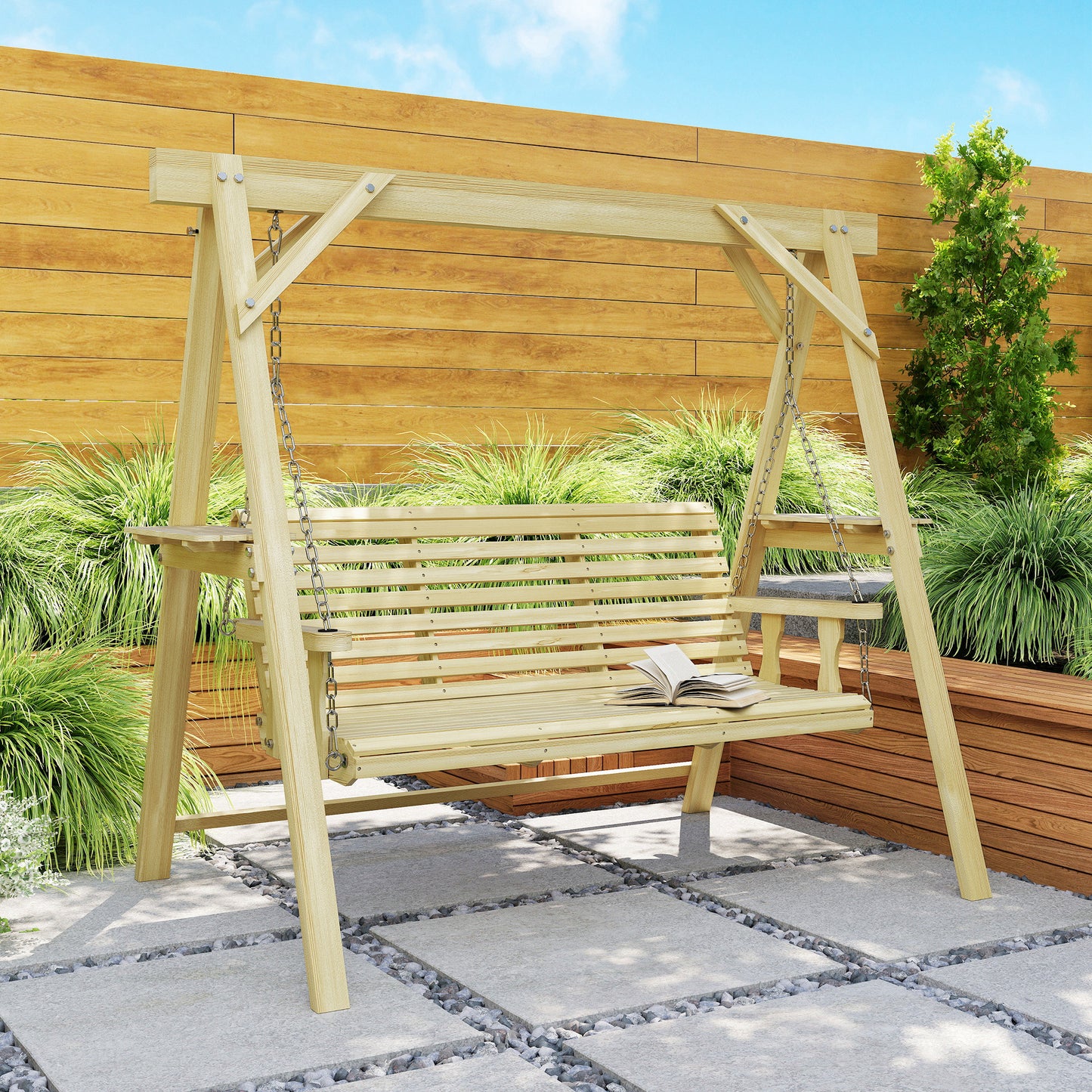 Outsunny Three Seater Wooden Swing Bench With Side Tables For Outdoor Garden Patio Furniture