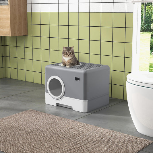 PawHut Cat Litter Box Enclosed with Lid Front Entry Top Exit, Drawer Tray, Scoop, 52L x 41W x 38.5Hcm - Grey - ALL4U RETAILER LTD