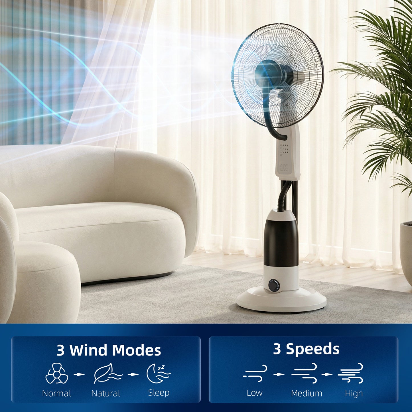 HOMCOM Pedestal Fan With Water Mist Spray 3 Speeds 2.8L Water Tank For Cooling Home Use White