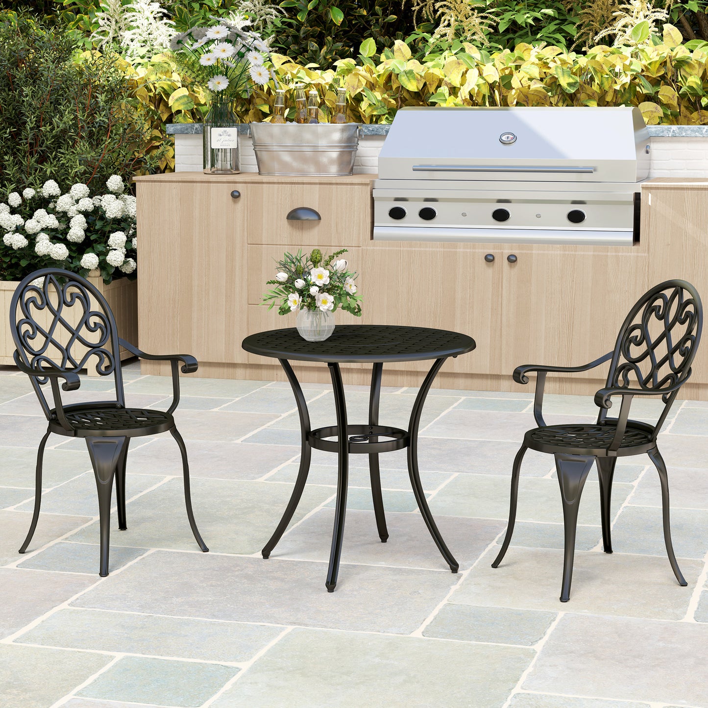 Outsunny Three Piece Aluminium Outdoor Garden Bistro Set With Round Table And Two Chairs In Black