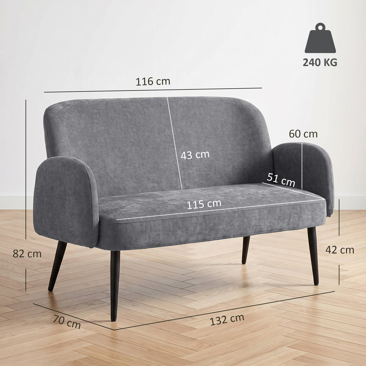 Light grey two-seater velvet sofa with depth and width layout diagram, black legs