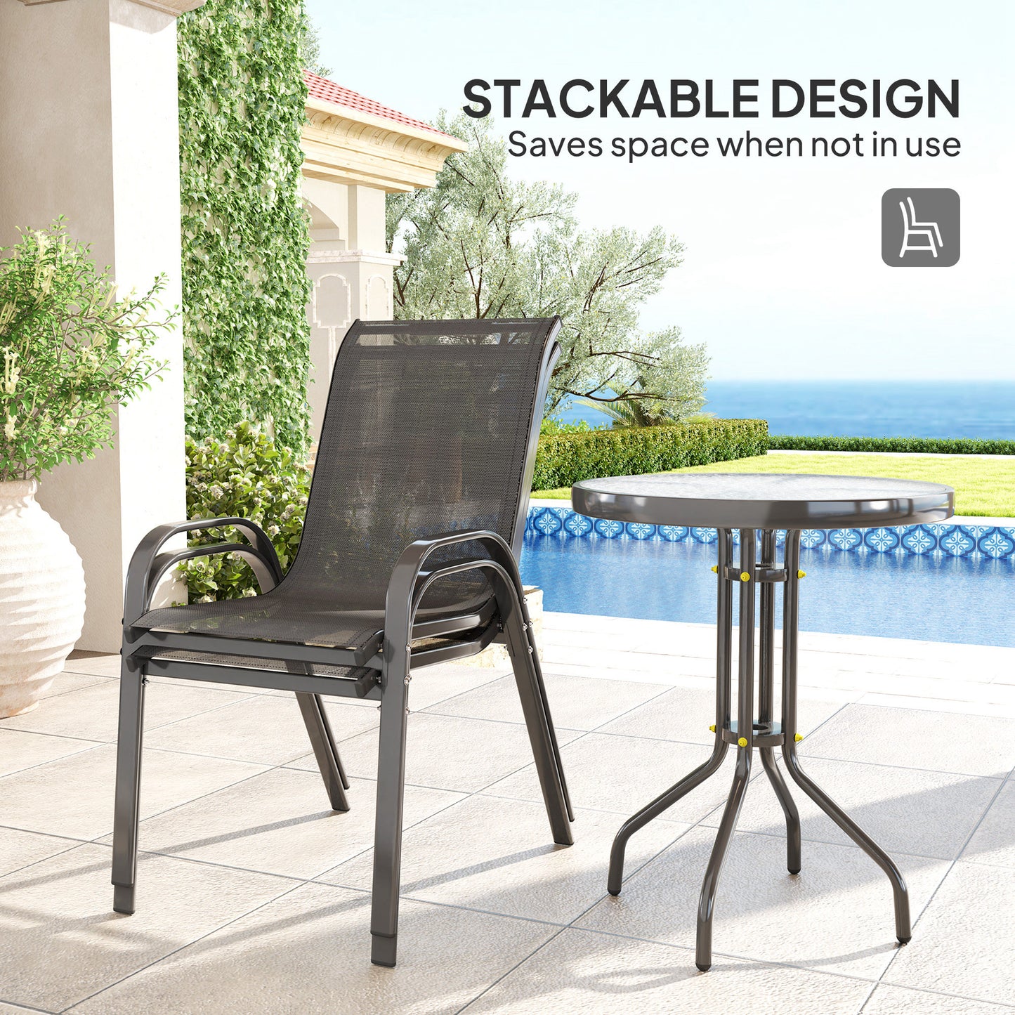 Outsunny Outdoor Garden Set With Round Table And Stackable Chairs In Black Powder Coated Steel