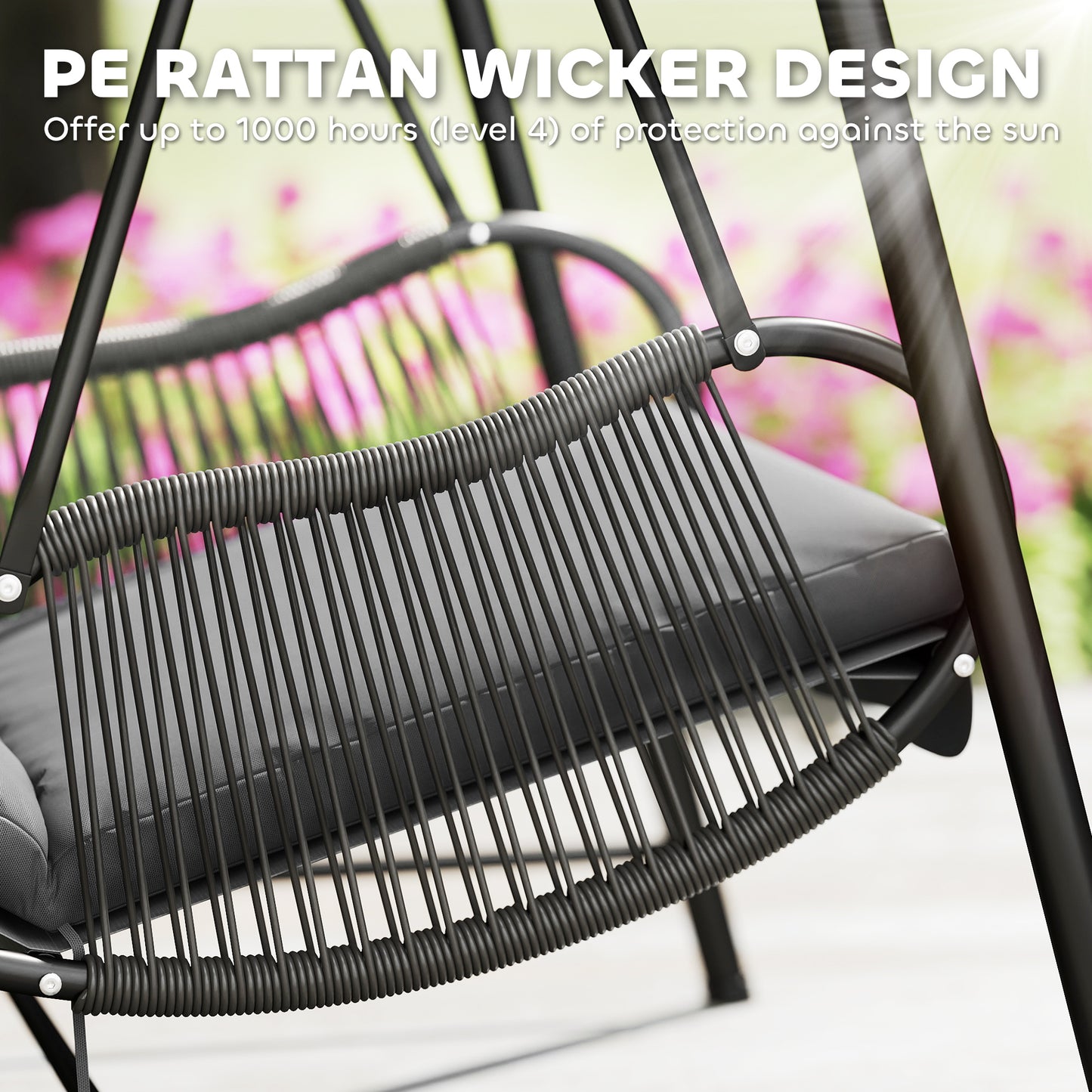 Outsunny Rattan Hanging Swing Chair With Stand And Seat Cushion For Outdoor Balcony Garden Deck Dark Grey