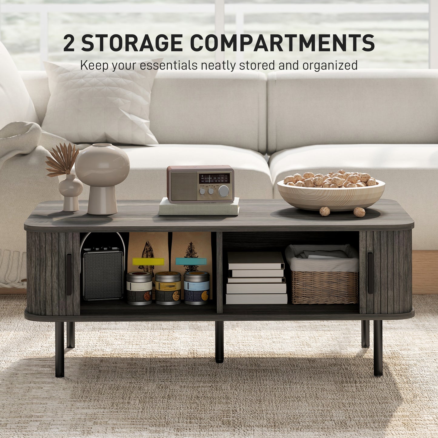 HOMCOM Coffee Table With Storage And Slatted Tambour Doors Elevated Base Grey Wood Effect Rectangular Living Room Table