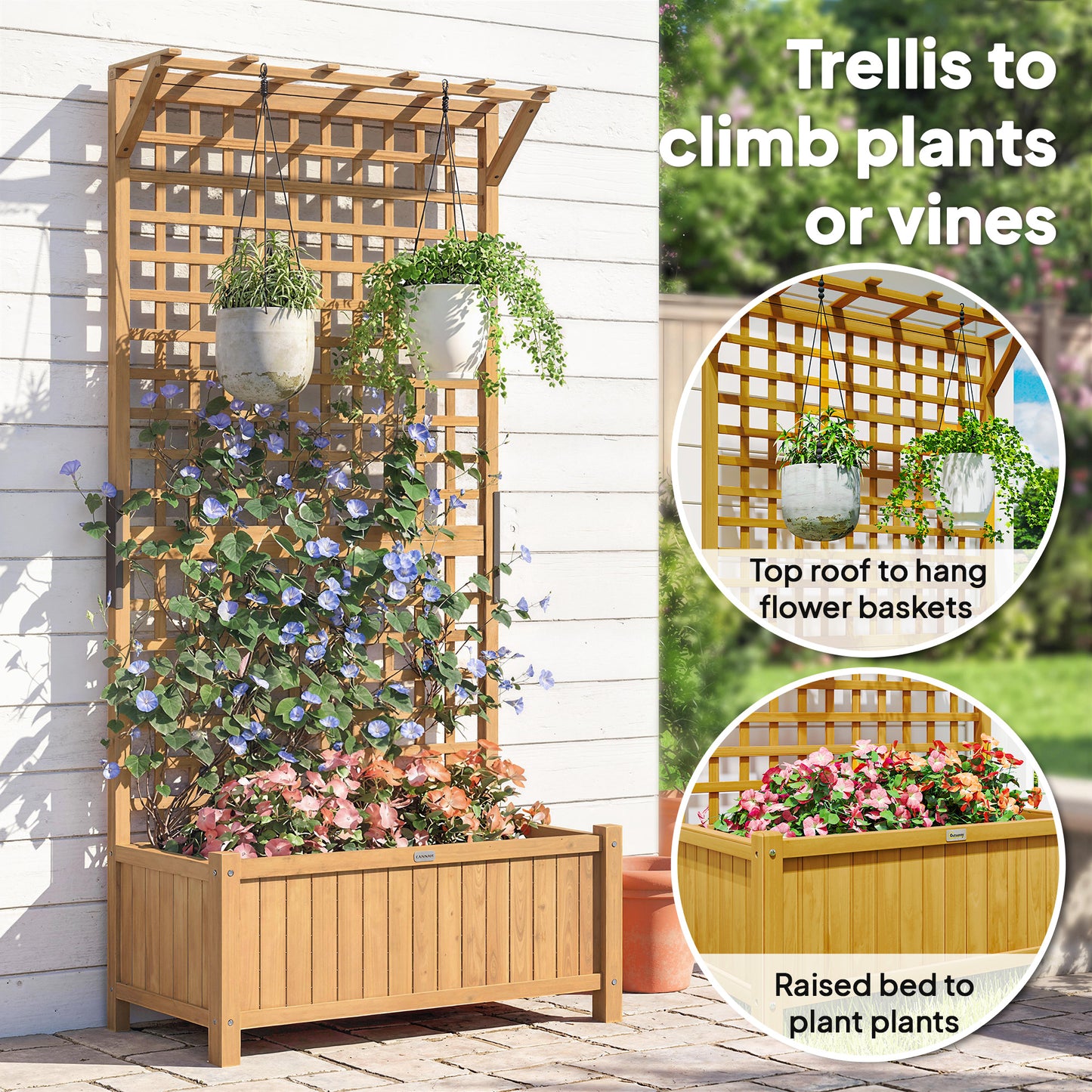 Outsunny Raised Bed Wood Planter With Trellis Drainage Holes For Climbing Plants Grow Vegetables And Flowers Yellow