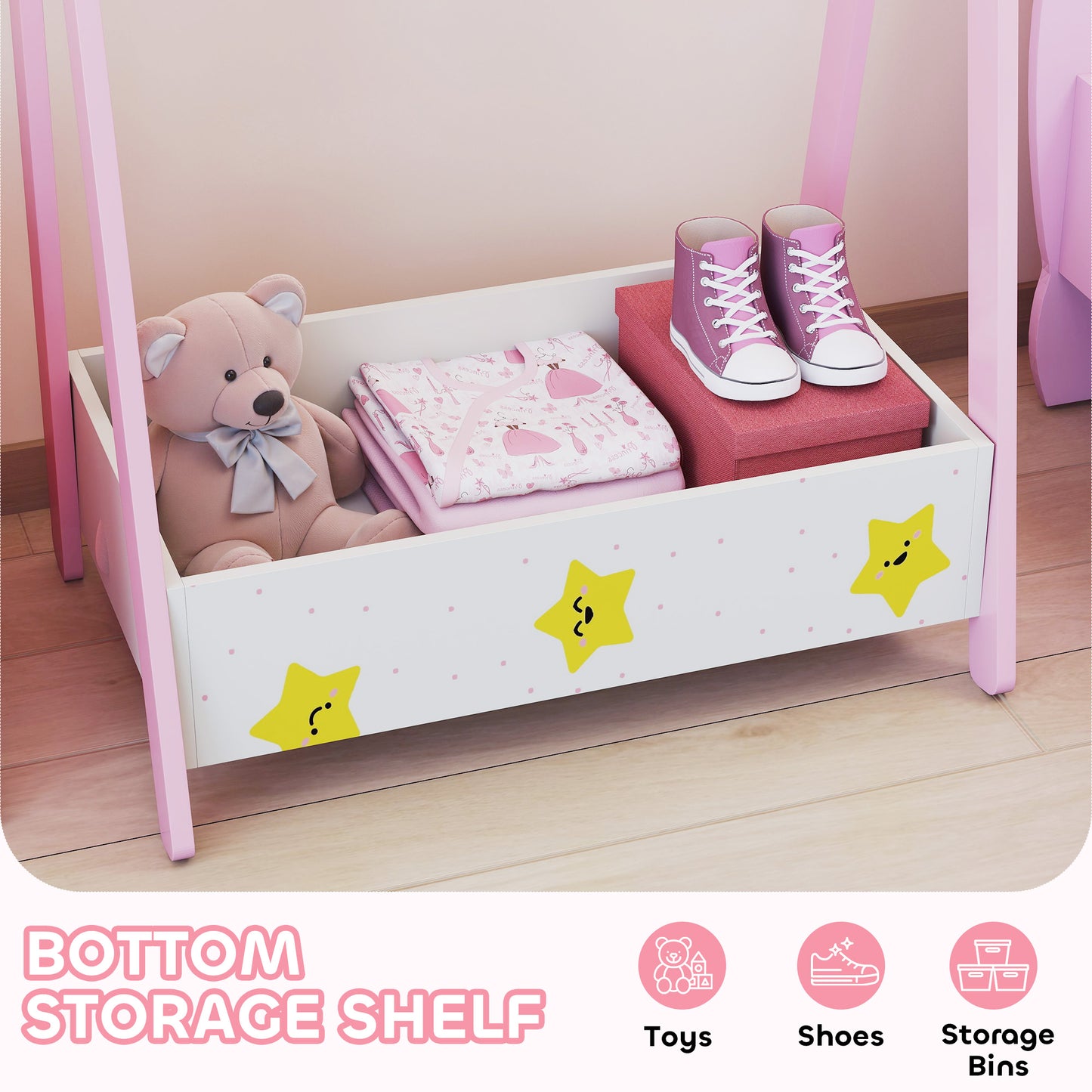 AIYAPLAY Baby Clothing Rack With Hangers And Storage Shelf For Bedroom Star Theme Pink Ages 3 To 6