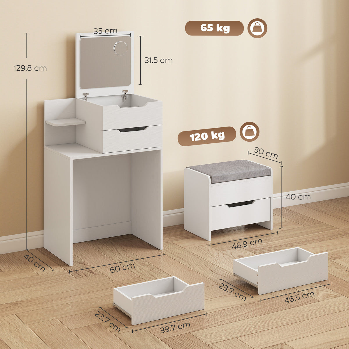 White vanity desk with flip-top mirror and gray stool, size and weight view.
