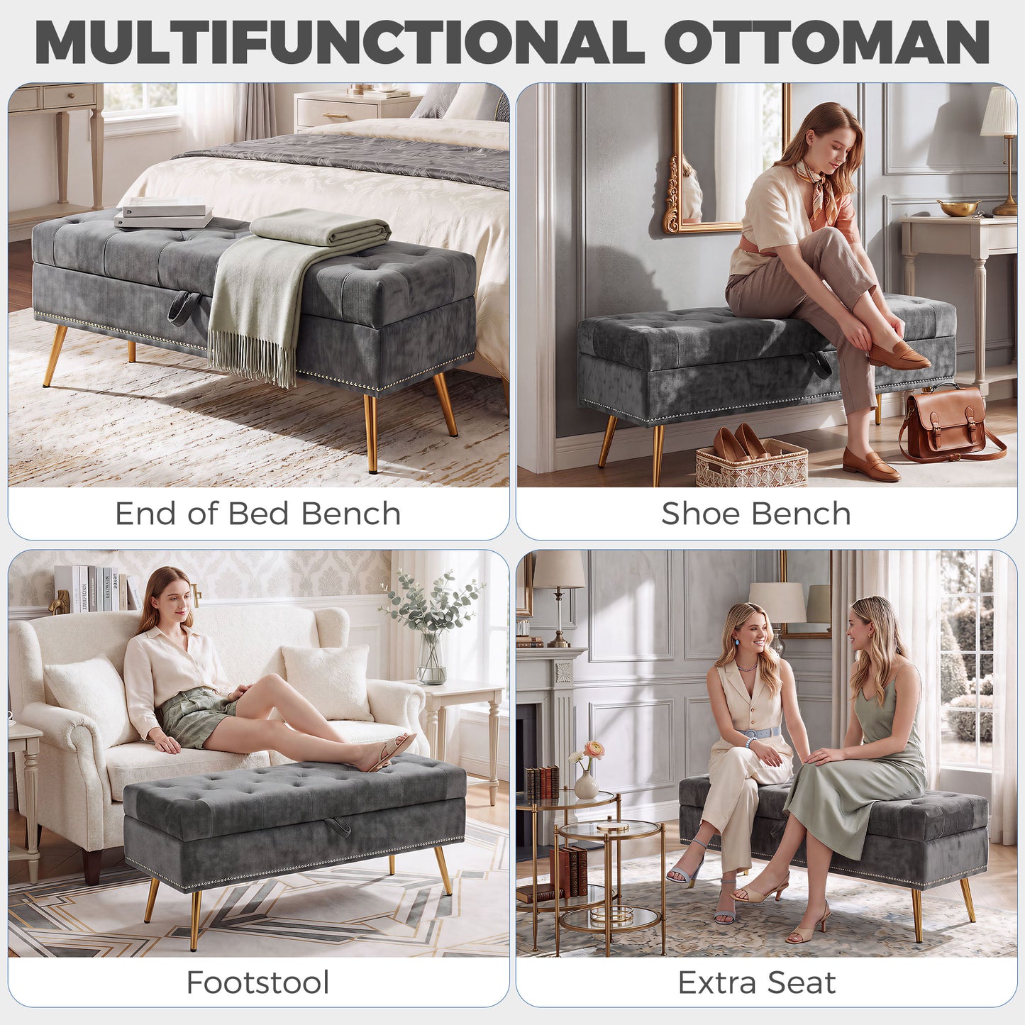 HOMCOM Chenille Upholstered Storage Ottoman With Hidden Storage Padded Seat Metal Legs Grey