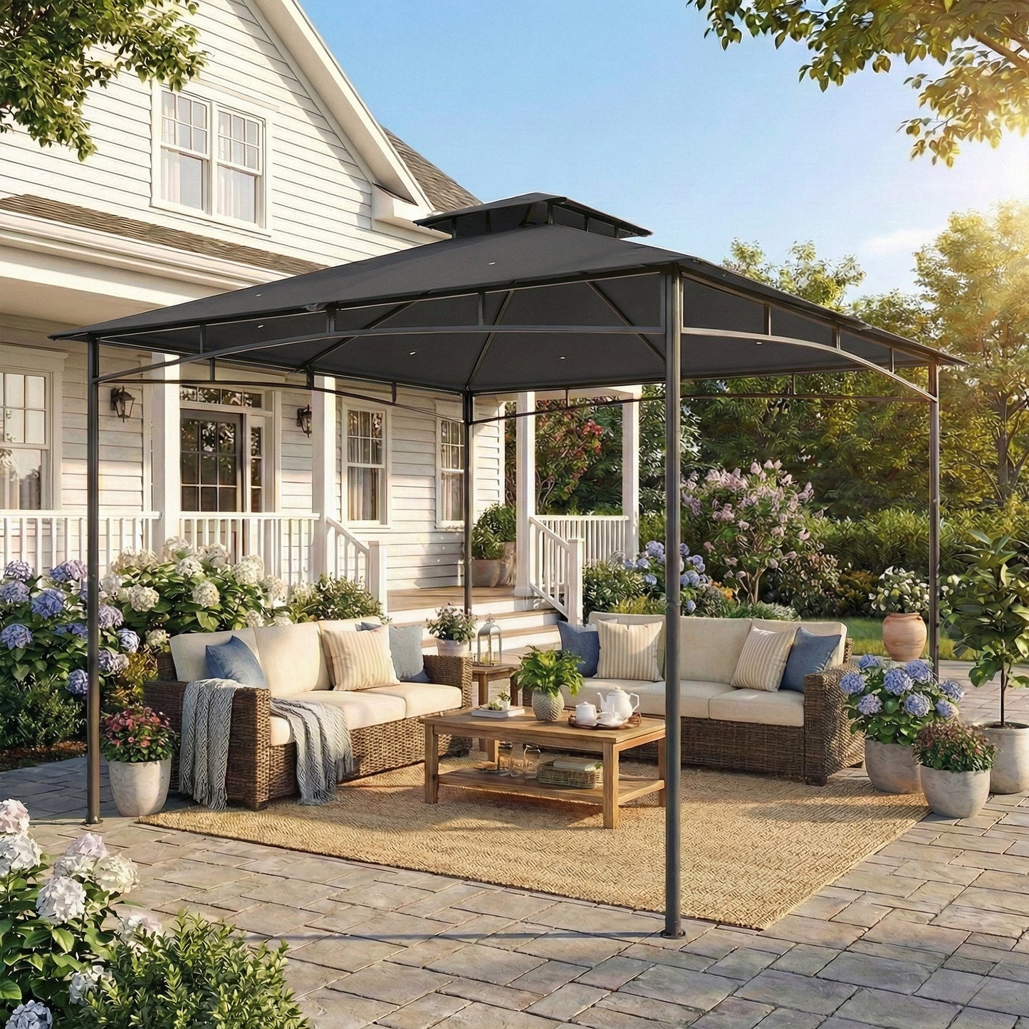 Outsunny 3x3 M Garden Gazebo With 2 Tier Roof And Powder Coated Metal Frame Dark Grey Waterproof UV Protected