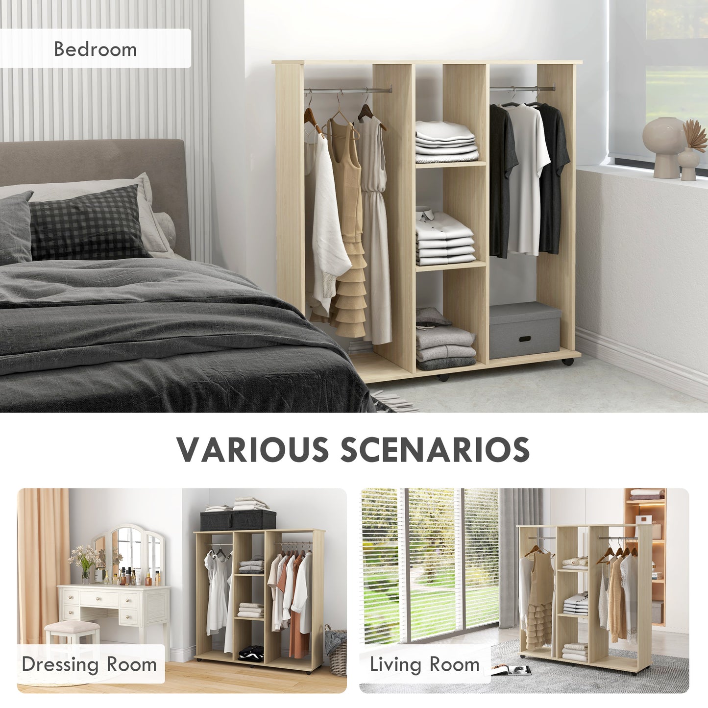 HOMCOM Open Wardrobe With Double Storage Shelves Mobile Organizer On Six Wheels Natural Finish
