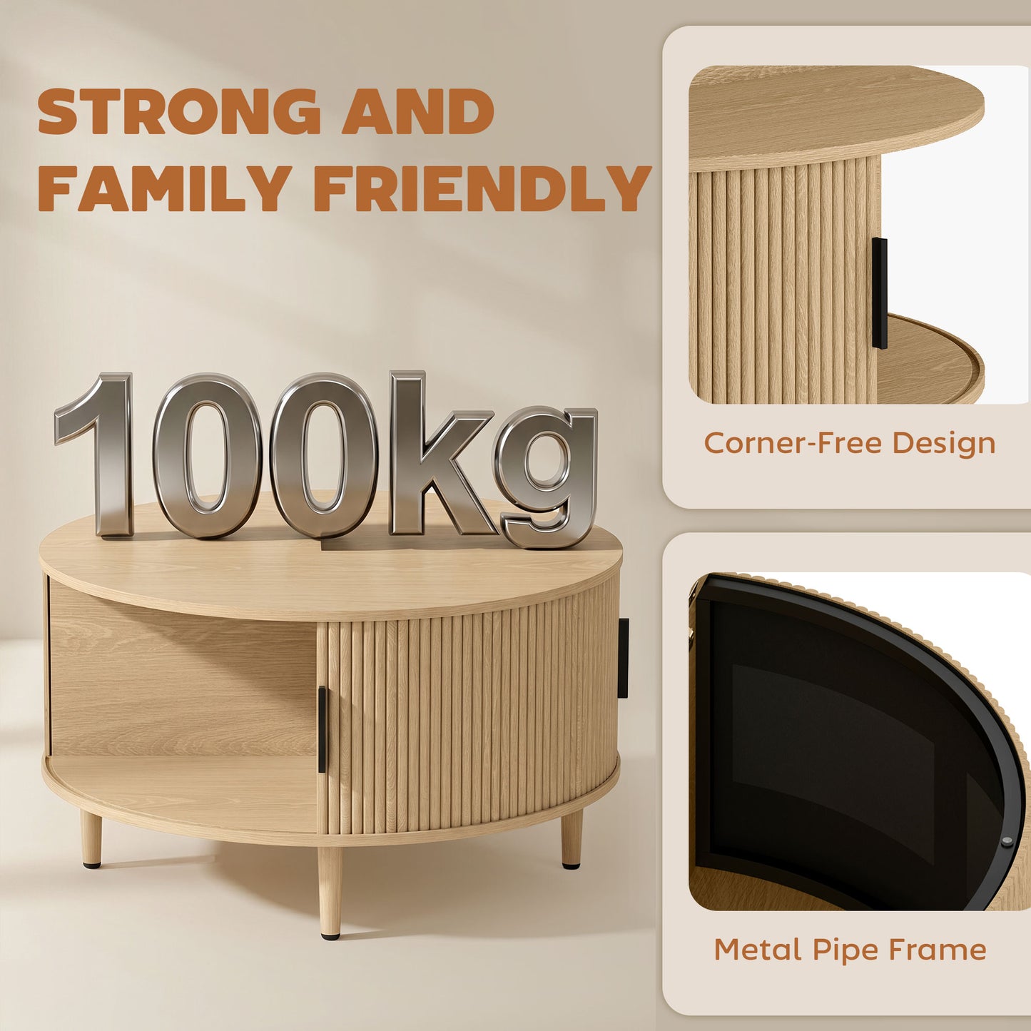 HOMCOM Lift Top Coffee Table With Hidden Storage Round Natural Wood 80 cm Fluted Sliding Door