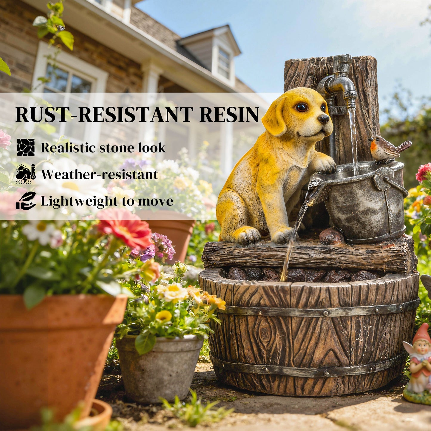 Outsunny 3 Tier Rustic Puppy Garden Water Feature Freestanding Resin With LED Lights Adjustable Flow Rustic Brown