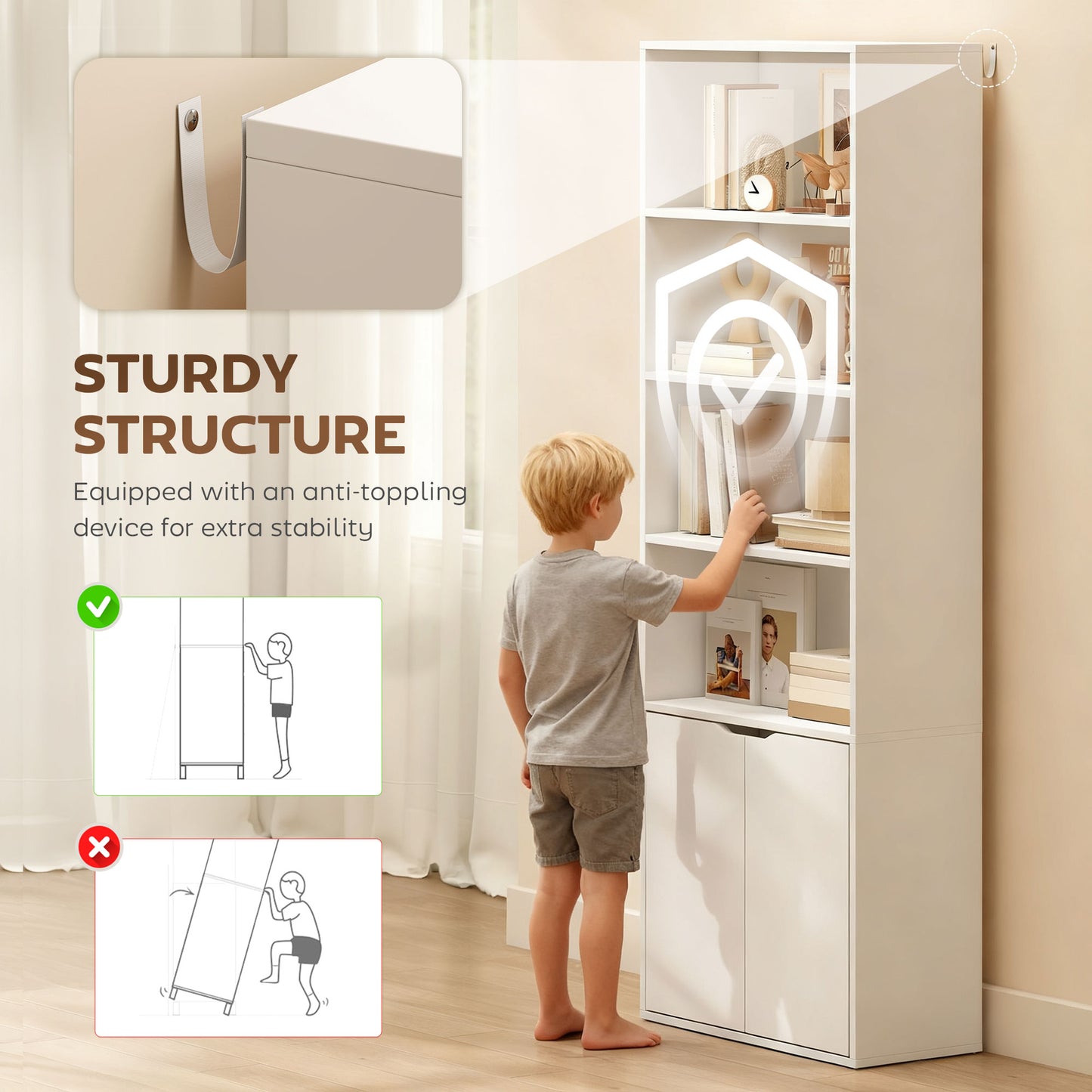 HOMCOM 6 Tier Tall Bookcase With Open Shelves And Double Door Storage Cabinet Freestanding Rack White 59 x 29 x 180 cm
