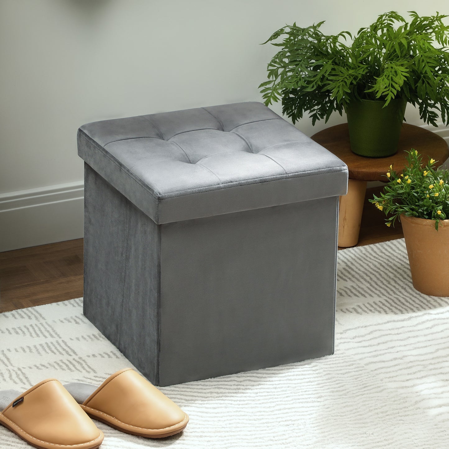 HOMCOM Foldable Velvet Feel Storage Ottoman Grey With High Density Foam And Hidden Space Saving Storage Box